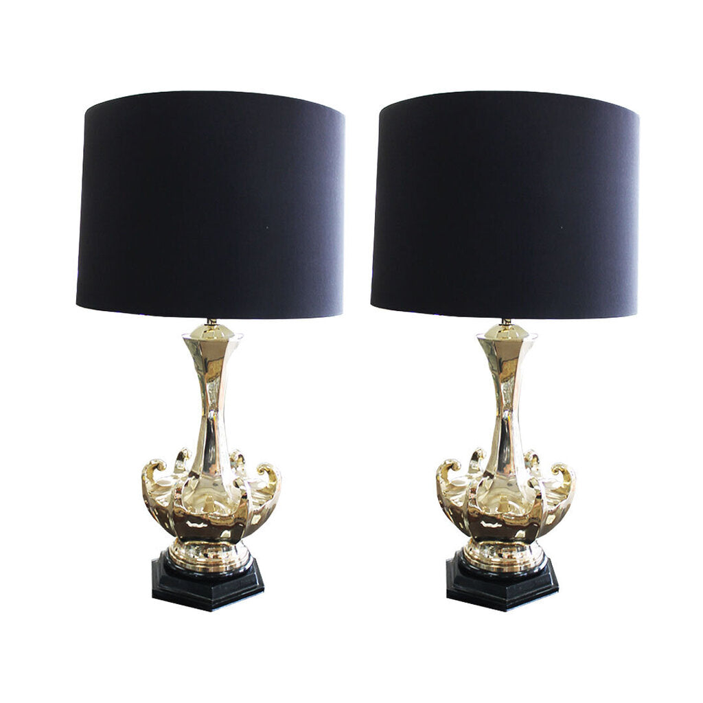 1988 Polished Brass Hand Forged Marlboro Table Lamps w/Custom Black Shades