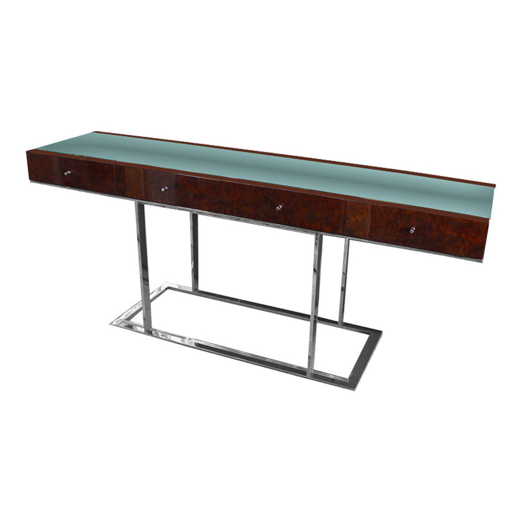 Dakota Jackson Regatta Console Table w/4-Drawers, Polished Macassar Ebony, Stainless Steel Pedestal Base, 1/4