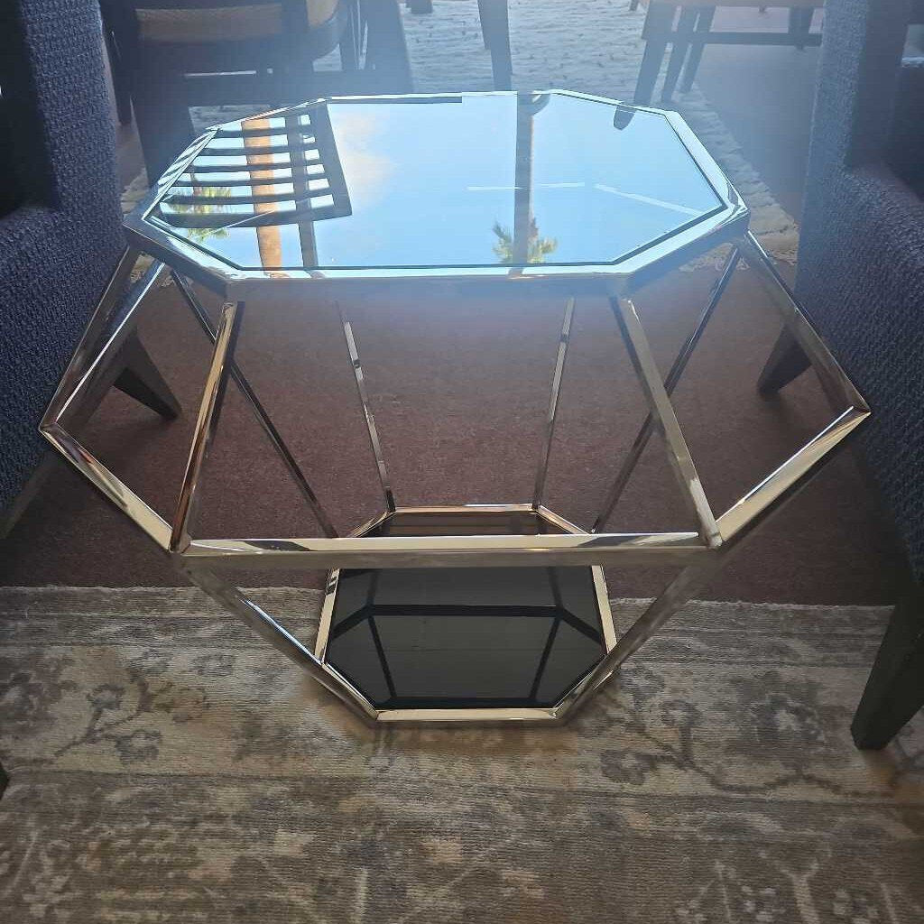 Hexagon Chrome End Tables w/Black Glass Shelf